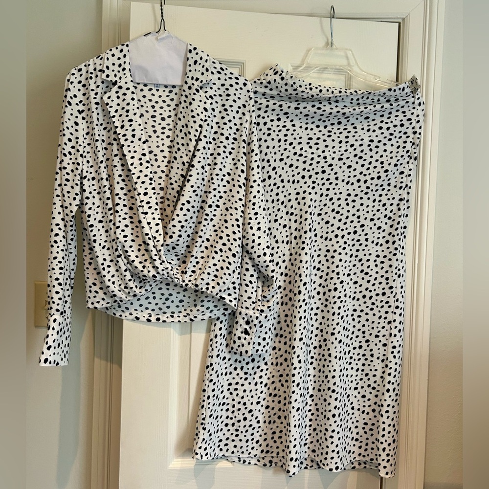 NWOT Waverly Grey Black and Cream Animal Print Blouse and Skirt Set